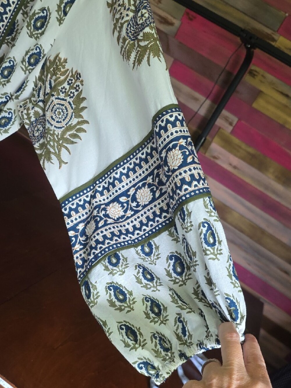 Long Sleeve Printed Tie-Waist Maxi Dress in Cream and Navy - Picture 3 of 7